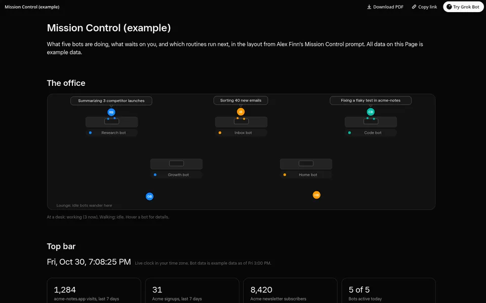 Screenshot of the Mission Control Page