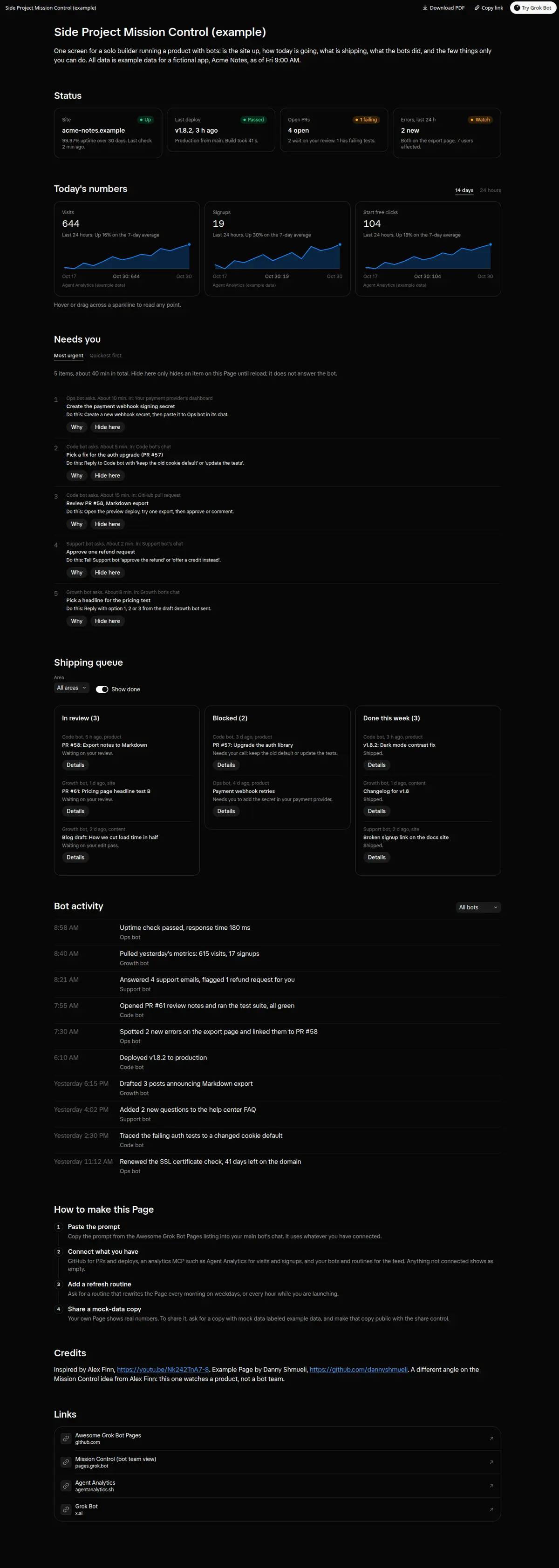 Full-page screenshot of the Side Project Mission Control Page in dark mode